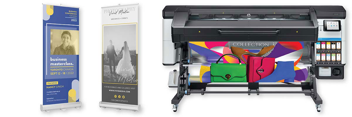 A set of pop-up banners, and a large format printer.