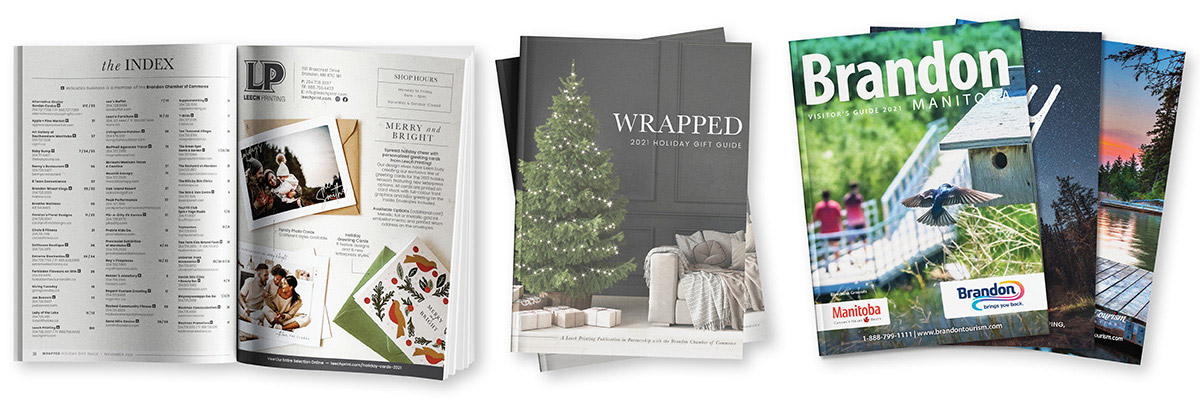Print Media + Publications | Leech Group Samples of publications produced by Leech Group - annual Wrapped holiday gift guide and the Brandon Visitor's Guide