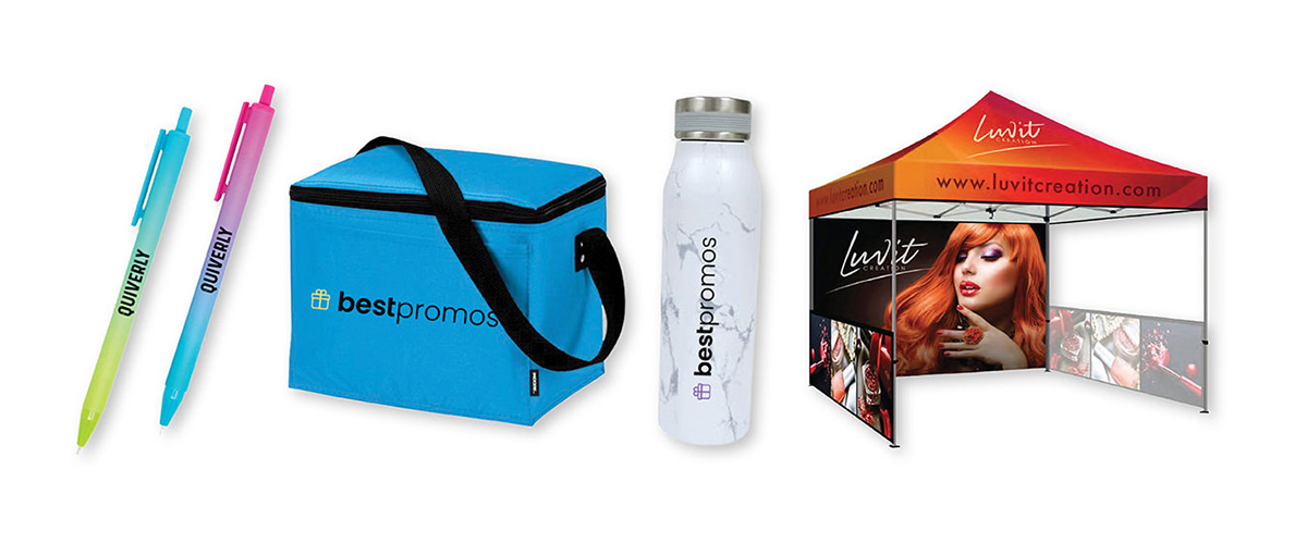 Promotional Products and Advertising Specialties | Leech Group A set of branded pens, nylon tote bag, metal water bottle, and canvas tent