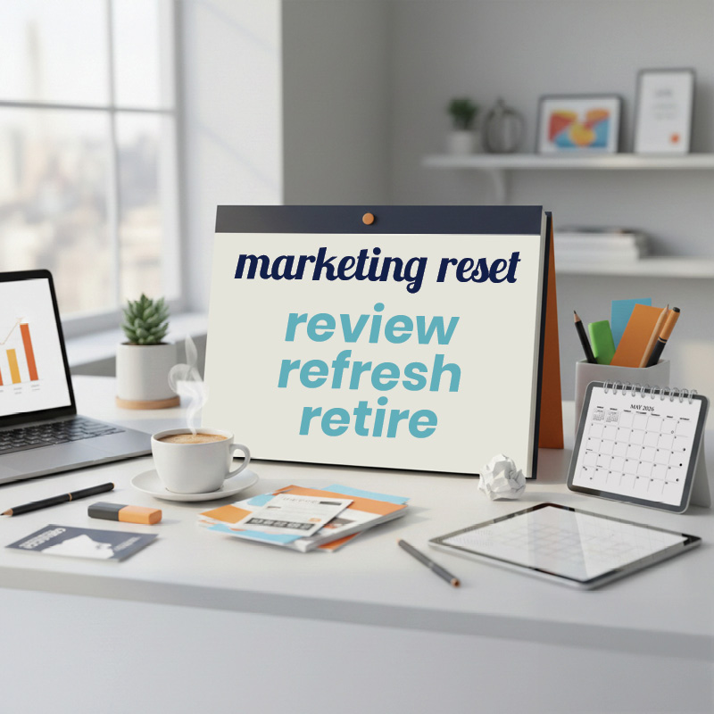 A desk with a large pad of paper labeled "Marketing Reset - Review, Refresh, Retire". On the desk is a laptop, various printed brochures, pen, pencil, coffee cop, tablet and flip-type calendar.